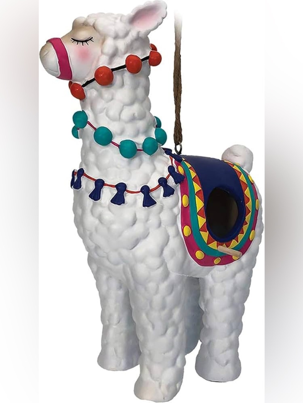 White Decorative Llama Birdhouse with Colorful Saddle and Bead Accents